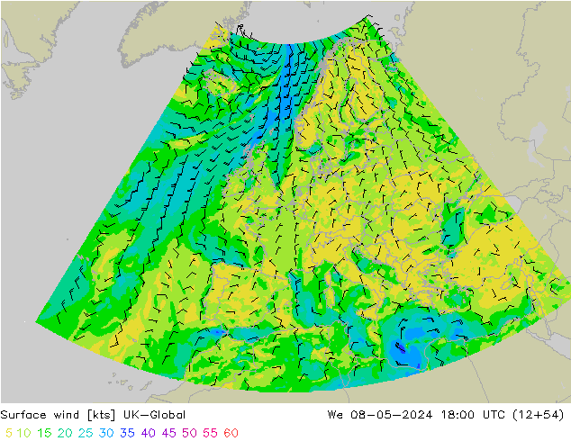 Vento 10 m UK-Global Qua 08.05.2024 18 UTC