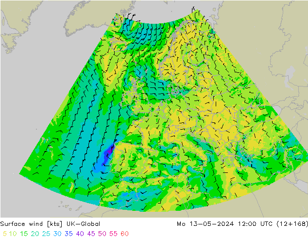 Surface wind UK-Global Mo 13.05.2024 12 UTC