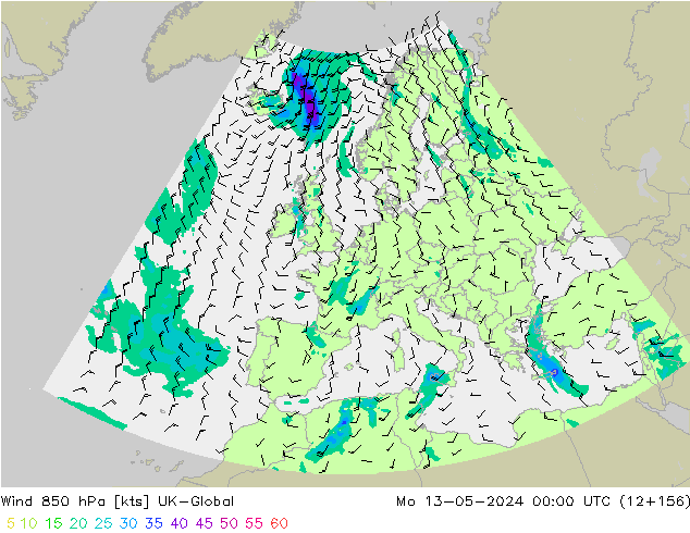 Rüzgar 850 hPa UK-Global Pzt 13.05.2024 00 UTC