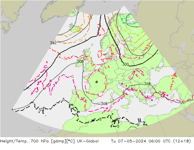 Height/Temp. 700 hPa UK-Global Út 07.05.2024 06 UTC
