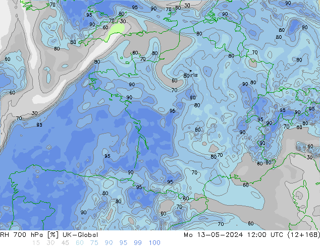Humedad rel. 700hPa UK-Global lun 13.05.2024 12 UTC