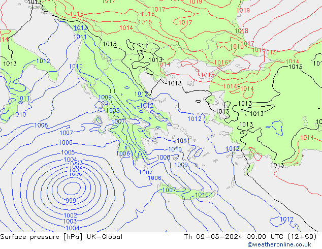 Surface pressure UK-Global Th 09.05.2024 09 UTC