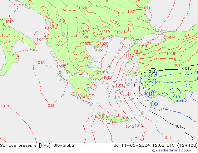 Pressione al suolo UK-Global sab 11.05.2024 12 UTC