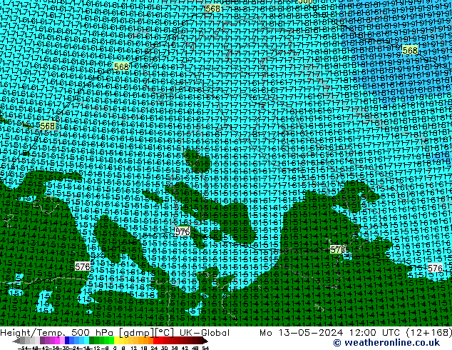 Height/Temp. 500 hPa UK-Global Mo 13.05.2024 12 UTC