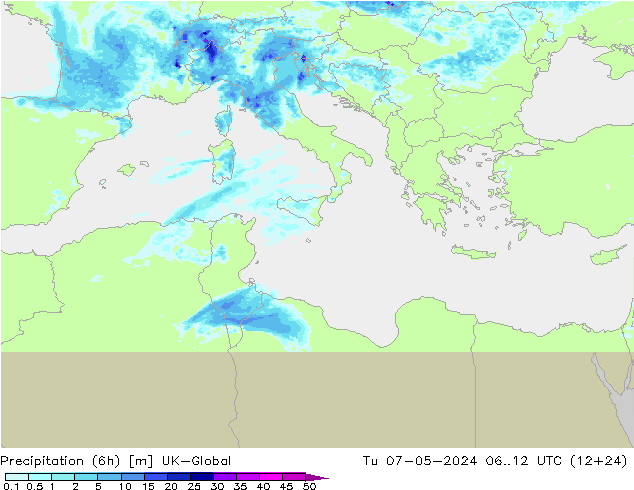 Precipitazione (6h) UK-Global mar 07.05.2024 12 UTC