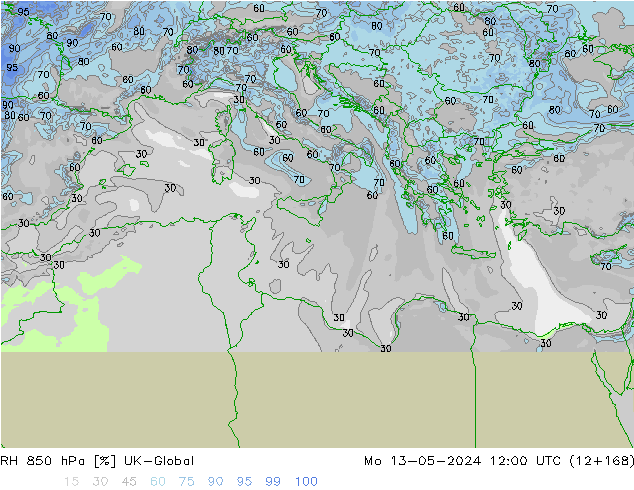 RH 850 hPa UK-Global Mo 13.05.2024 12 UTC