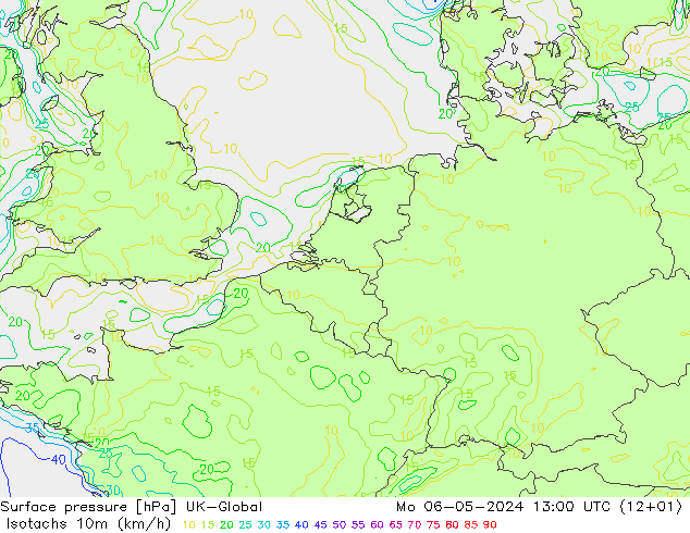 Isotachs (kph) UK-Global пн 06.05.2024 13 UTC