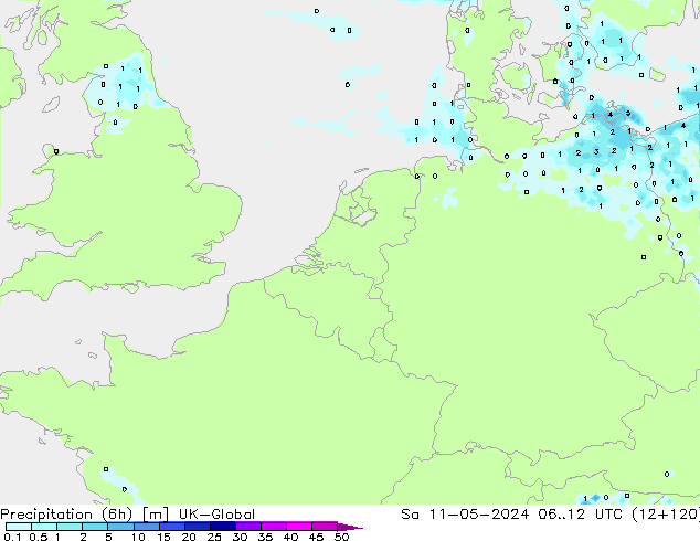 Precipitation (6h) UK-Global So 11.05.2024 12 UTC