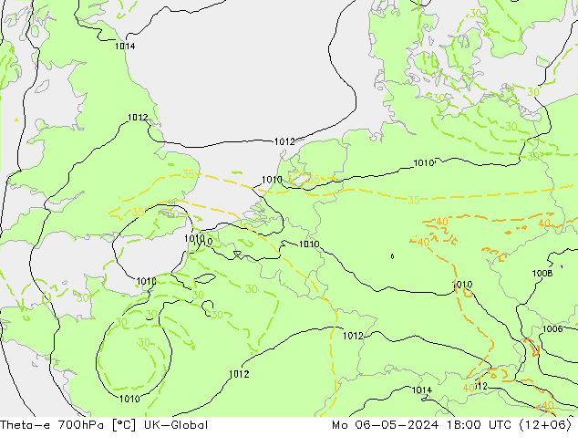 Theta-e 700hPa UK-Global Pzt 06.05.2024 18 UTC