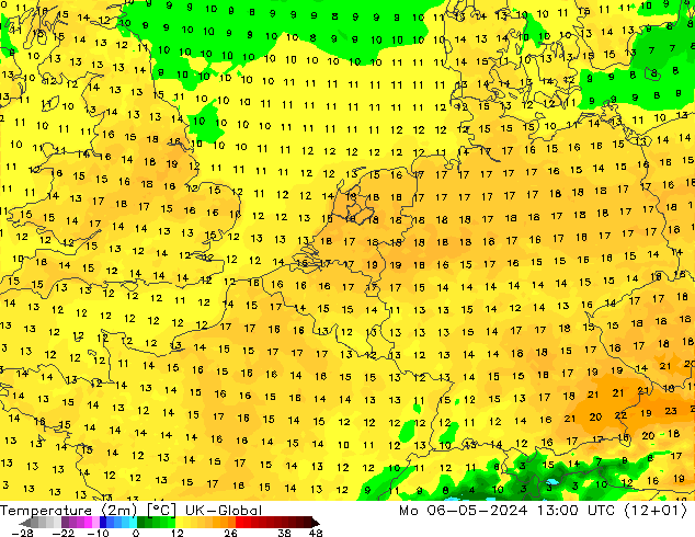 Temperaturkarte (2m) UK-Global Mo 06.05.2024 13 UTC