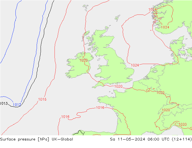 Pressione al suolo UK-Global sab 11.05.2024 06 UTC