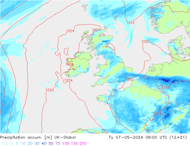 Precipitation accum. UK-Global Tu 07.05.2024 09 UTC