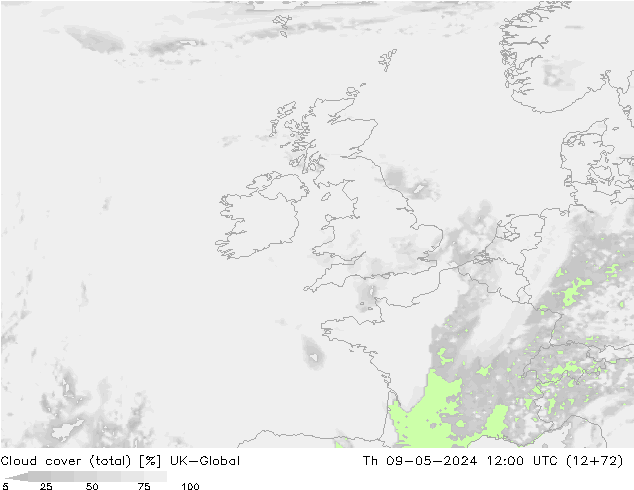 Bewolking (Totaal) UK-Global do 09.05.2024 12 UTC