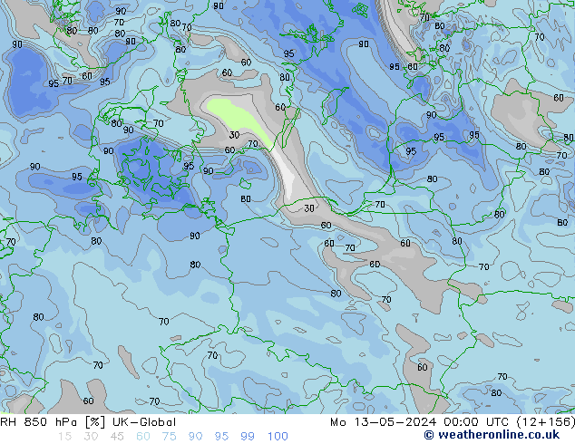 Humidité rel. 850 hPa UK-Global lun 13.05.2024 00 UTC