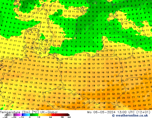 Temperature (2m) UK-Global Mo 06.05.2024 13 UTC