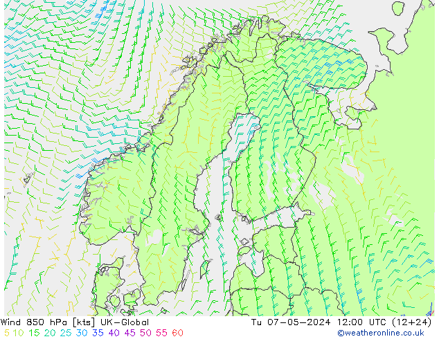 Wind 850 hPa UK-Global Di 07.05.2024 12 UTC