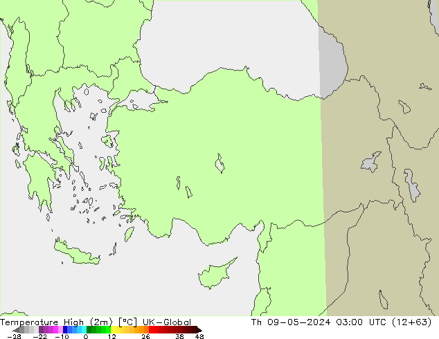Temp. massima (2m) UK-Global gio 09.05.2024 03 UTC