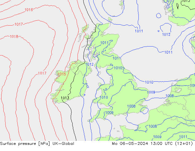 Surface pressure UK-Global Mo 06.05.2024 13 UTC