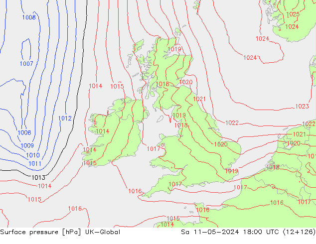 Pressione al suolo UK-Global sab 11.05.2024 18 UTC