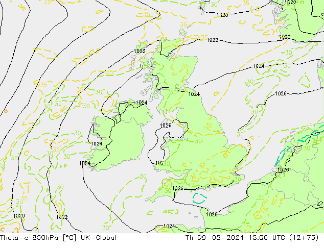 Theta-e 850hPa UK-Global Čt 09.05.2024 15 UTC
