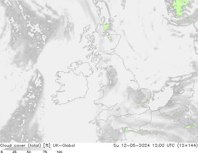 Cloud cover (total) UK-Global Su 12.05.2024 12 UTC