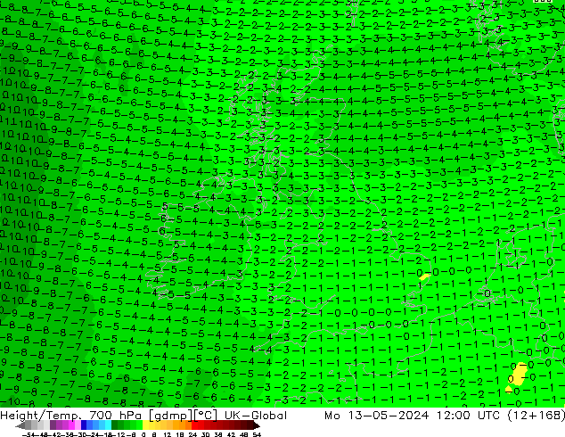 Height/Temp. 700 hPa UK-Global lun 13.05.2024 12 UTC