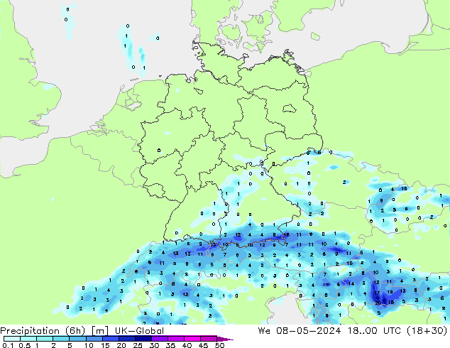 Totale neerslag (6h) UK-Global wo 08.05.2024 00 UTC