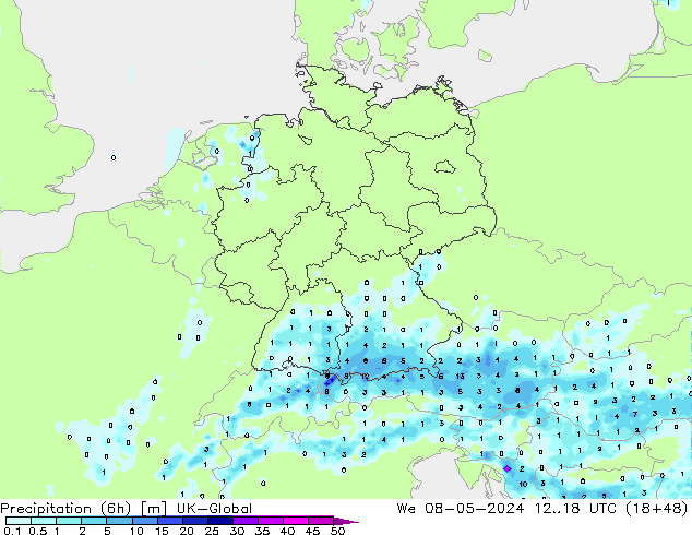Precipitación (6h) UK-Global mié 08.05.2024 18 UTC