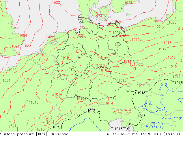 Surface pressure UK-Global Tu 07.05.2024 14 UTC