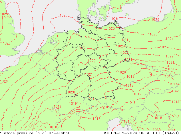 Pressione al suolo UK-Global mer 08.05.2024 00 UTC