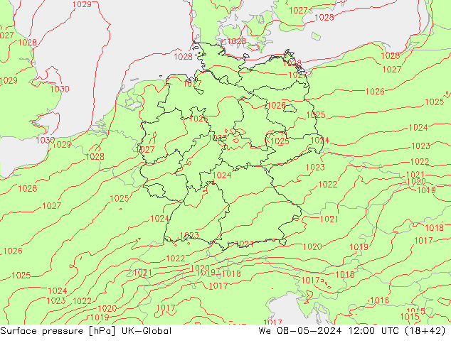 Pressione al suolo UK-Global mer 08.05.2024 12 UTC