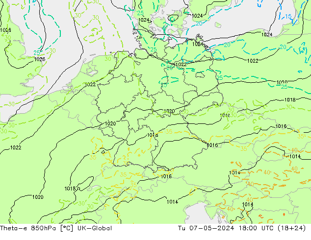Theta-e 850hPa UK-Global Út 07.05.2024 18 UTC