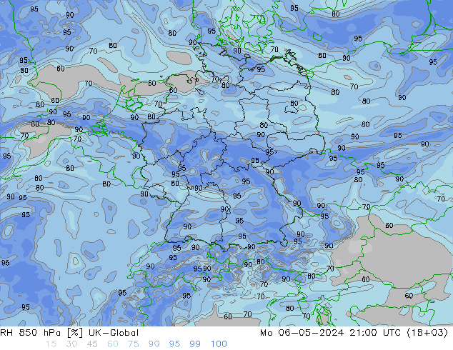 Humedad rel. 850hPa UK-Global lun 06.05.2024 21 UTC