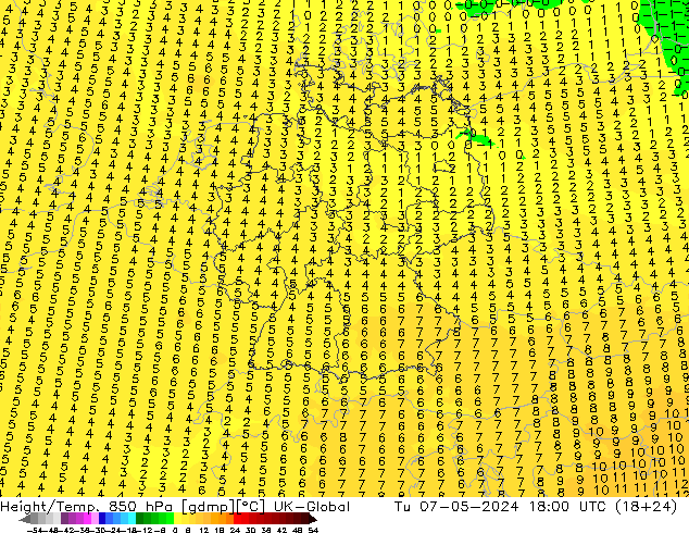 Geop./Temp. 850 hPa UK-Global mar 07.05.2024 18 UTC