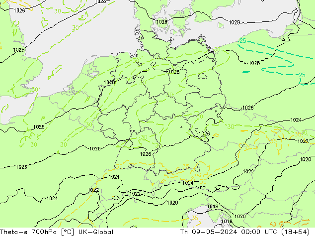 Theta-e 700hPa UK-Global Čt 09.05.2024 00 UTC