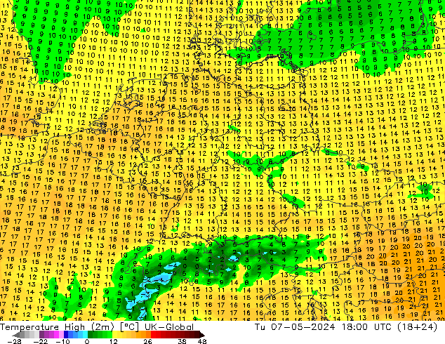 Höchstwerte (2m) UK-Global Di 07.05.2024 18 UTC