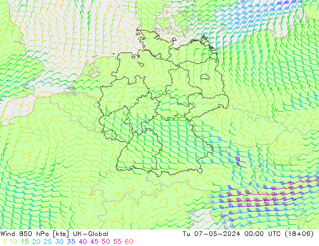 ветер 850 гПа UK-Global вт 07.05.2024 00 UTC