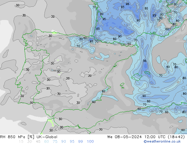 RH 850 hPa UK-Global We 08.05.2024 12 UTC
