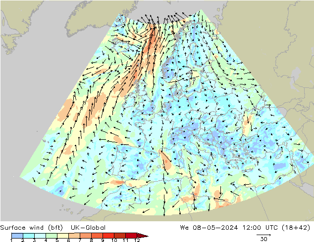 Surface wind (bft) UK-Global We 08.05.2024 12 UTC
