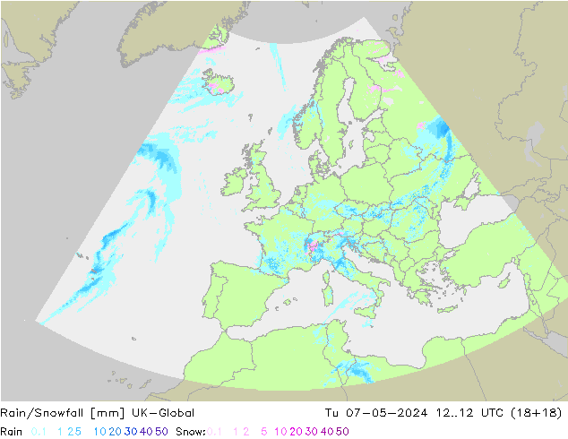 Rain/Snowfall UK-Global Út 07.05.2024 12 UTC