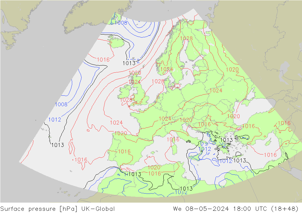 Pressione al suolo UK-Global mer 08.05.2024 18 UTC