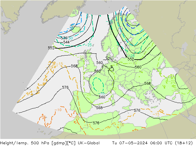 Hoogte/Temp. 500 hPa UK-Global di 07.05.2024 06 UTC