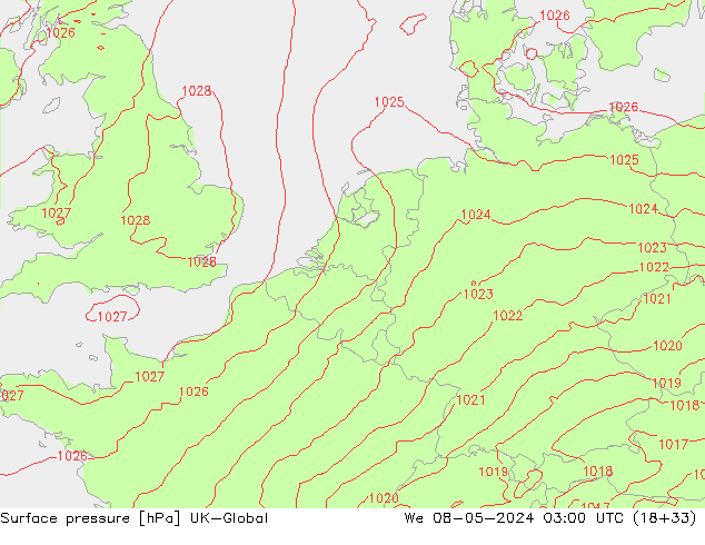 Pressione al suolo UK-Global mer 08.05.2024 03 UTC