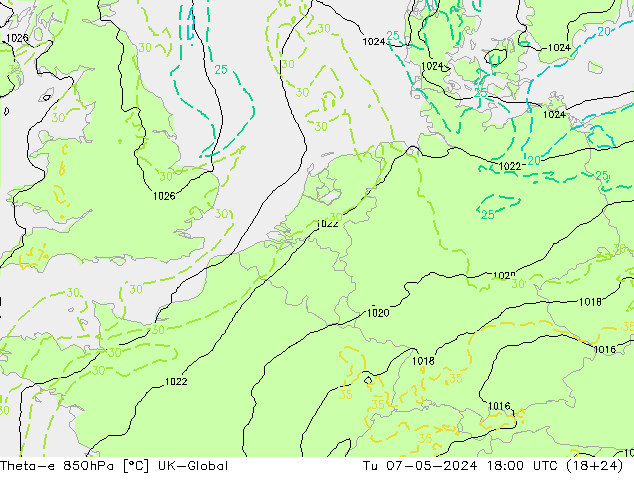 Theta-e 850hPa UK-Global wto. 07.05.2024 18 UTC