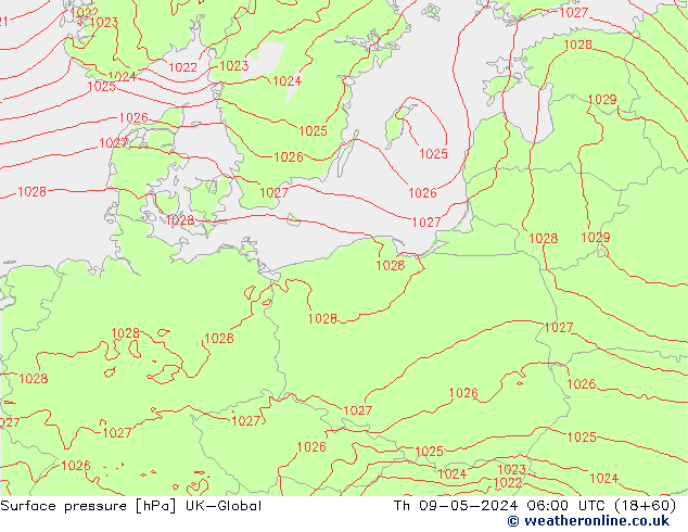 Surface pressure UK-Global Th 09.05.2024 06 UTC