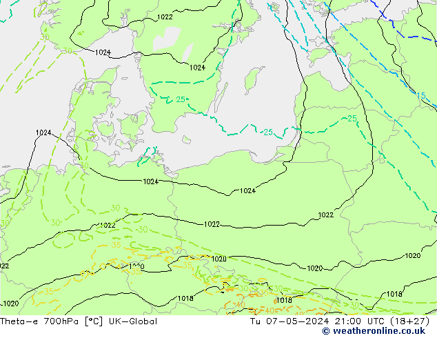 Theta-e 700hPa UK-Global di 07.05.2024 21 UTC