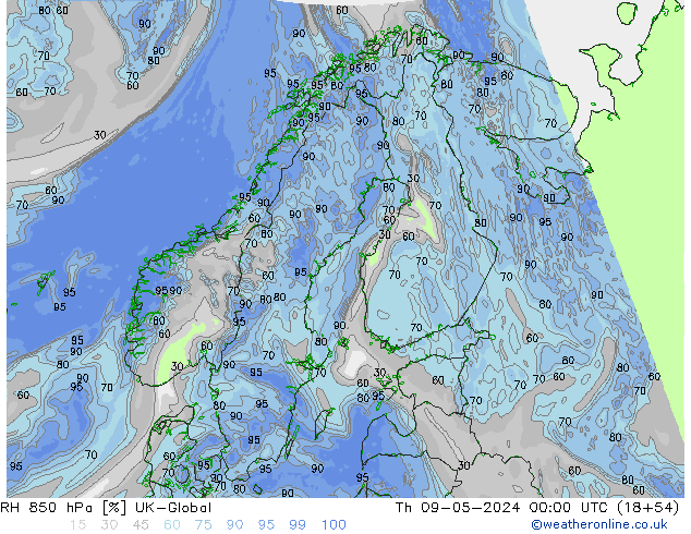 RH 850 гПа UK-Global чт 09.05.2024 00 UTC