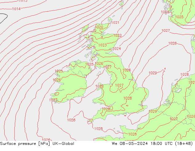 Pressione al suolo UK-Global mer 08.05.2024 18 UTC