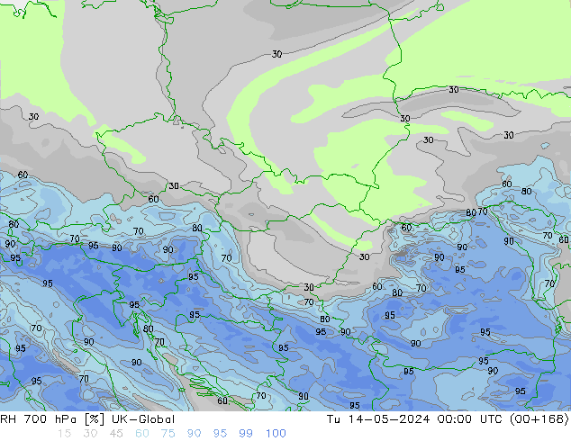 Humidité rel. 700 hPa UK-Global mar 14.05.2024 00 UTC