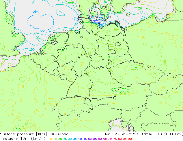 Isotachs (kph) UK-Global lun 13.05.2024 18 UTC